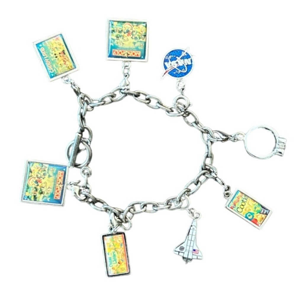 Vintage 80s 90s Mickey Mouse Monopoly Candyland Nasa Charm Bracelet Silver Chain